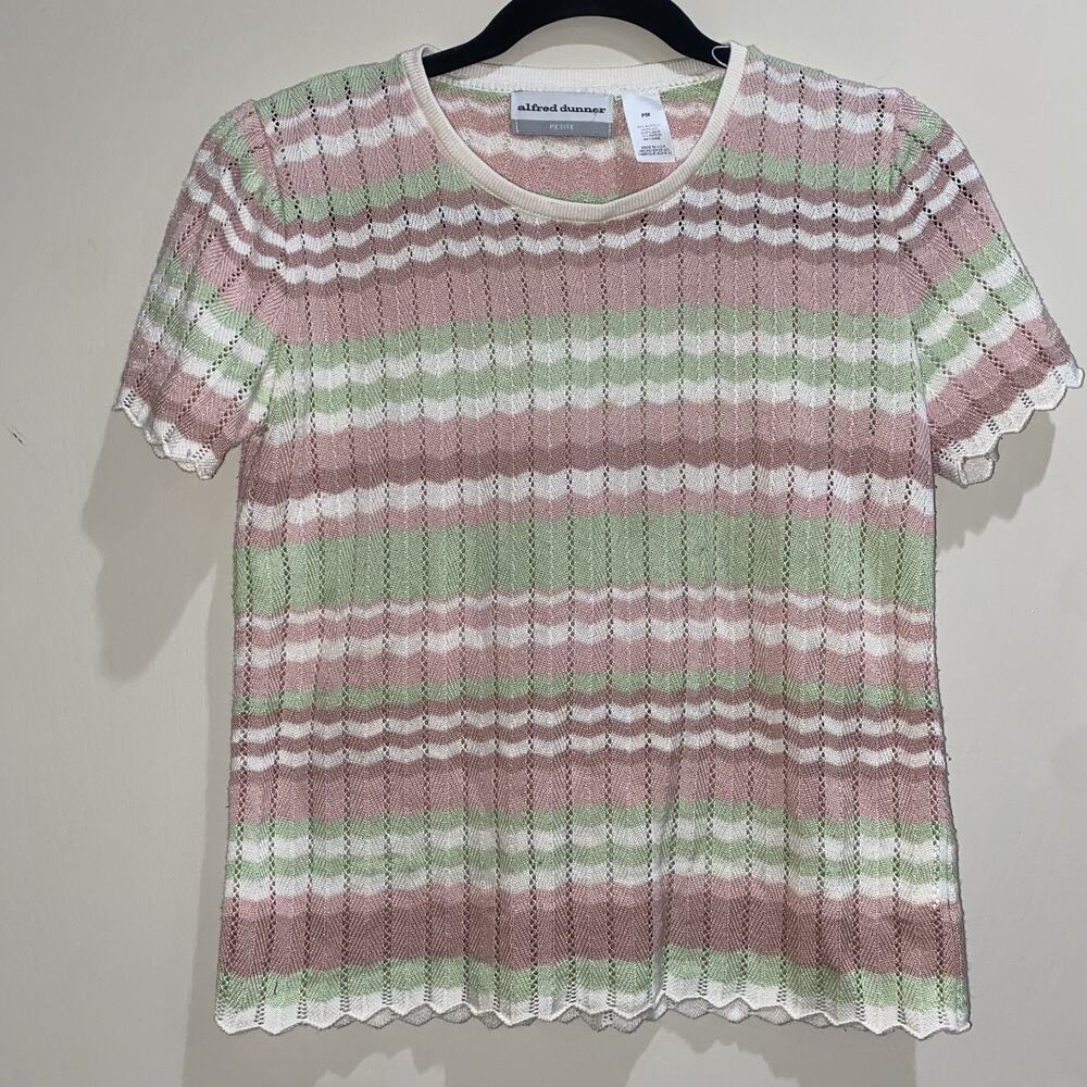 ALFRED DUNNER Sz PM Knit Top Blouse Sweater Striped Eyelet Scallop Fall Winter